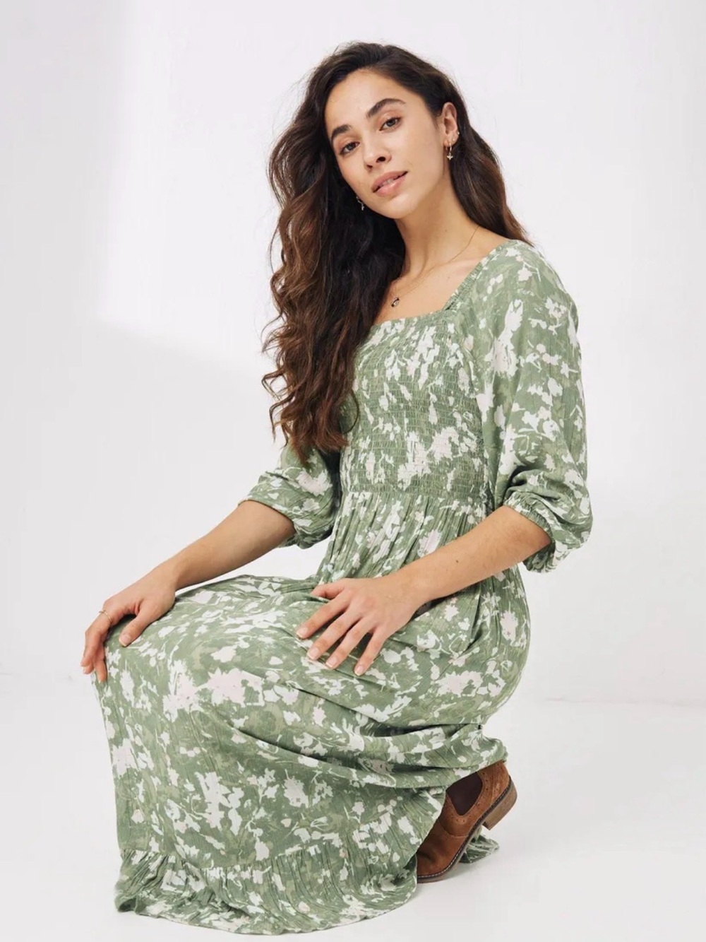 Fat Face - Sage and White Floral Smocked Maxi Dress